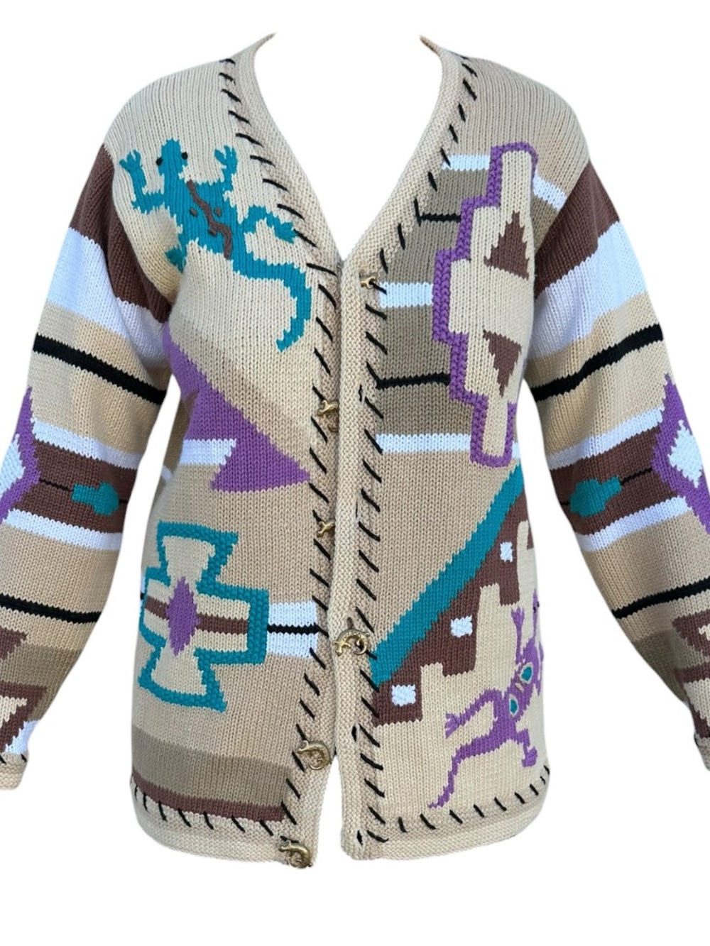 Storybook Knits Beige Cardigan with Teal, Purple & Brown Motifs